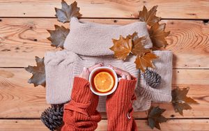 Preview wallpaper tea, lemon, mug, hands, sweater, autumn, cozy
