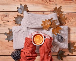 Preview wallpaper tea, lemon, mug, hands, sweater, autumn, cozy