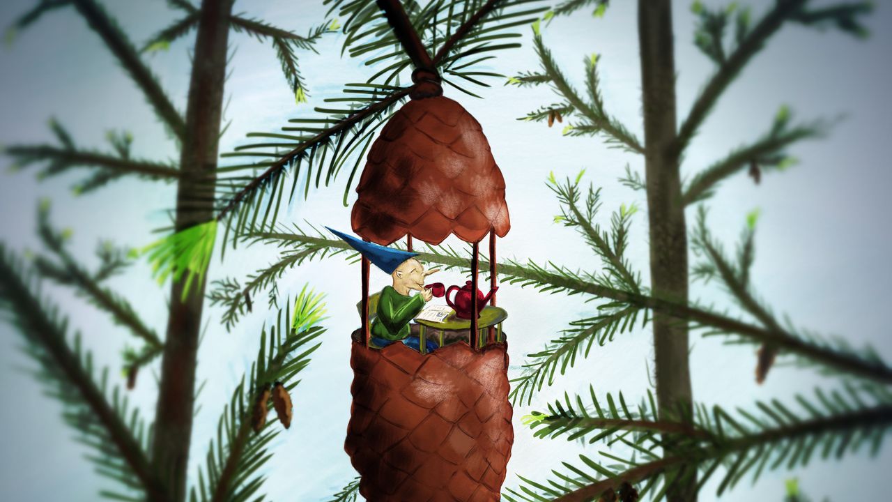 Wallpaper tea party, art, pine cone, gnome, forest, comfort