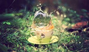 Preview wallpaper tea, spray, earth, grass, saucer, green, cup