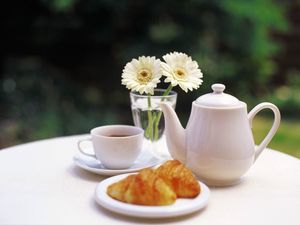 Preview wallpaper tea, table, garden, tea leaves, flowers, cup, glass, biscuits