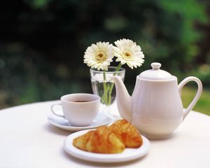 Preview wallpaper tea, table, garden, tea leaves, flowers, cup, glass, biscuits