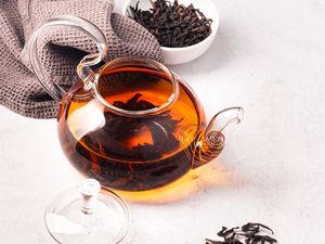 Preview wallpaper tea, teapot, leaves, spoon, aesthetics