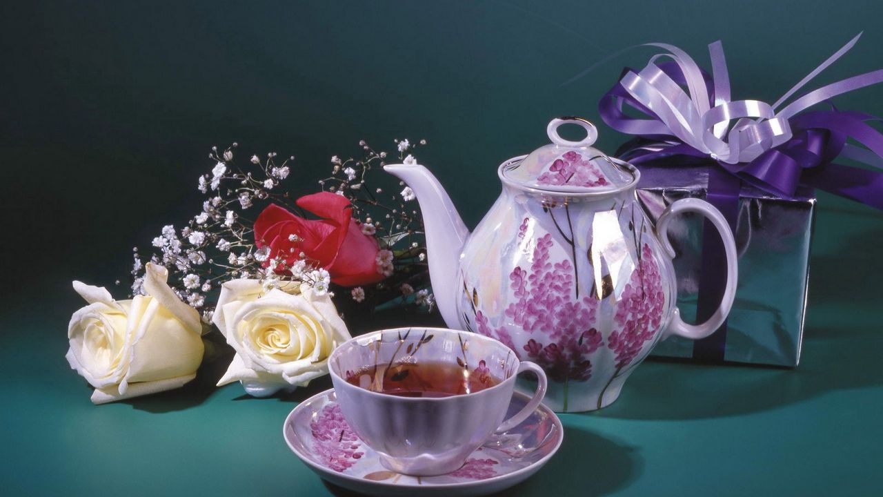 Wallpaper tea, teapot, roses, gift, cup