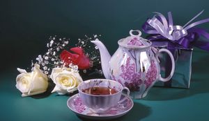 Preview wallpaper tea, teapot, roses, gift, cup