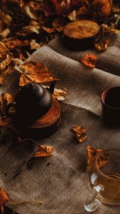 Preview wallpaper teapot, autumn, leaves, cloth
