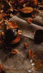 Preview wallpaper teapot, autumn, leaves, cloth