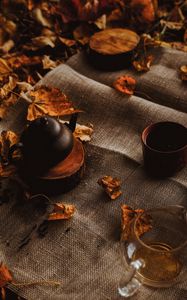 Preview wallpaper teapot, autumn, leaves, cloth