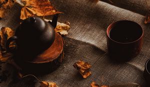 Preview wallpaper teapot, autumn, leaves, cloth