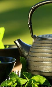 Preview wallpaper teapot, cup, black, mint, tea
