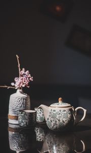 Preview wallpaper teapot, cups, vase, flowers, decor