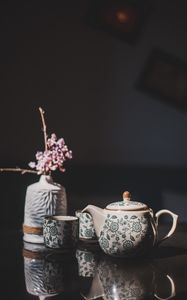 Preview wallpaper teapot, cups, vase, flowers, decor