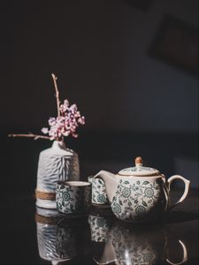 Preview wallpaper teapot, cups, vase, flowers, decor