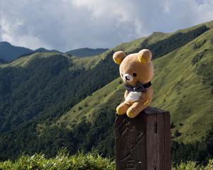 Preview wallpaper teddy bear, bear, toy, hieroglyphs, mountains