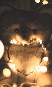 Preview wallpaper teddy bear, heart, garland, love, lights