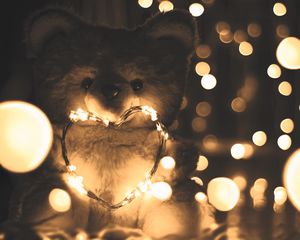 Preview wallpaper teddy bear, heart, garland, love, lights