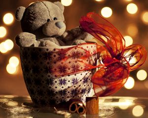 Preview wallpaper teddy bear, teddy, holiday, ribbon, cup