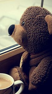 Preview wallpaper teddy bear, toy, cup, coffee, window, expectations, mood