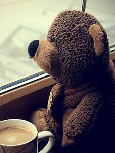 Preview wallpaper teddy bear, toy, cup, coffee, window, expectations, mood