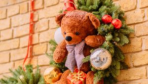 Preview wallpaper teddy bear, toy, decoration, wreath, new year, christmas