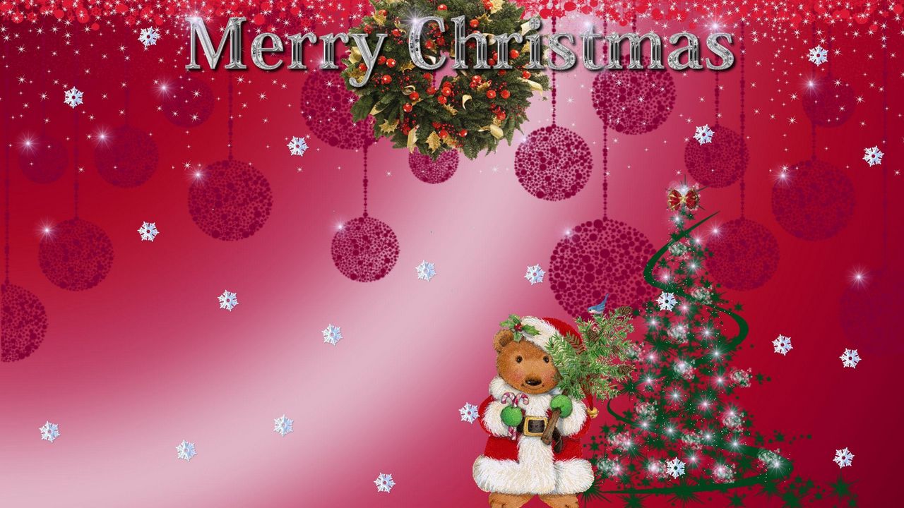 Wallpaper teddy bear, tree, wreath, lettering, christmas, snowflakes, holiday