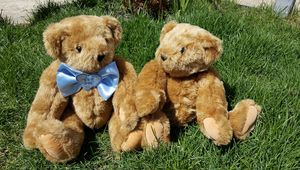 Preview wallpaper teddy bears, toys, couple, grass