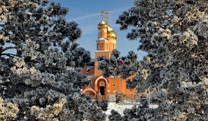 Preview wallpaper temirtau, temple, trees, winter