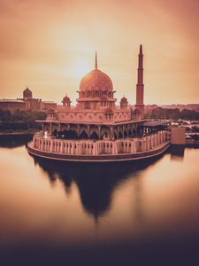 Preview wallpaper temple, architecture, building, cupola, water, sunset