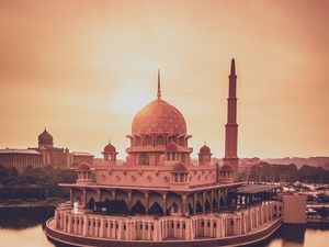 Preview wallpaper temple, architecture, building, cupola, water, sunset