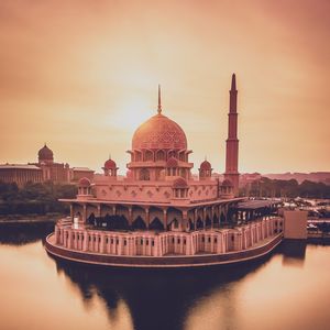 Preview wallpaper temple, architecture, building, cupola, water, sunset