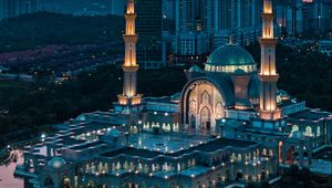 Preview wallpaper temple, architecture, city, buildings, sunset, evening