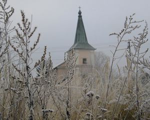 Preview wallpaper temple, autumn, grass, frosts