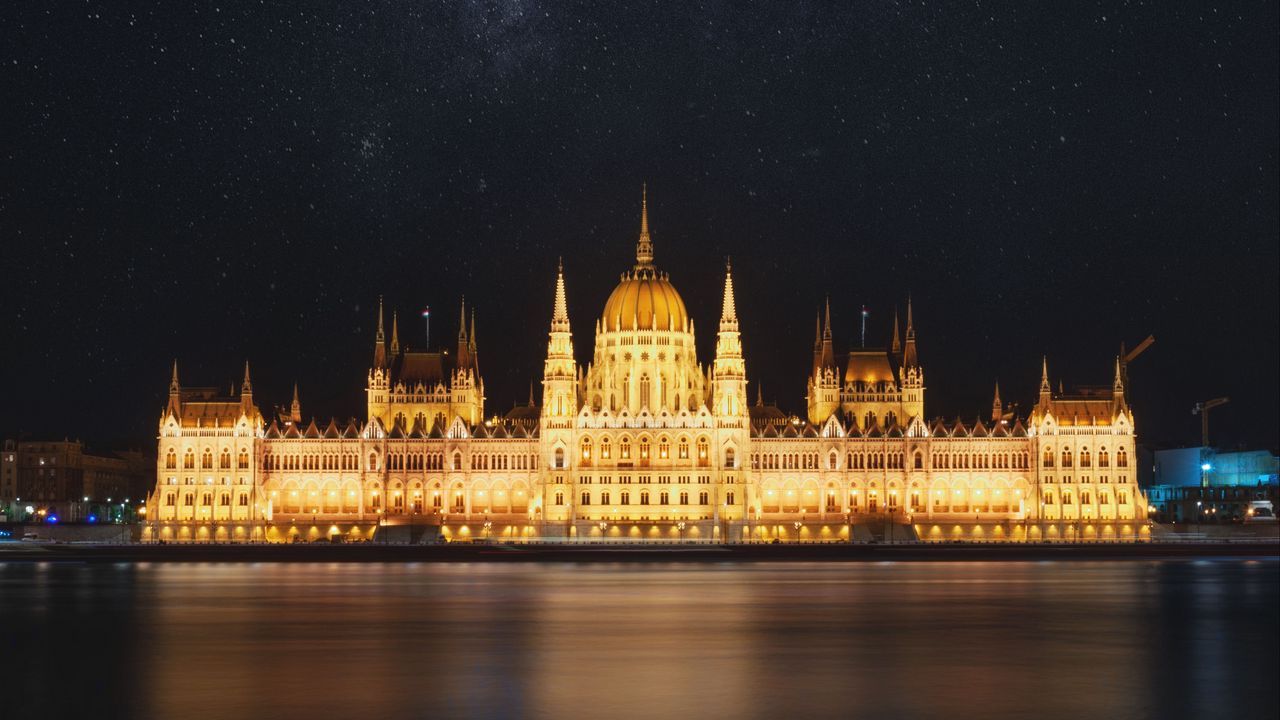 Wallpaper temple, building, architecture, night, river