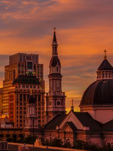 Preview wallpaper temple, building, city, architecture, sunset