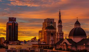 Preview wallpaper temple, building, city, architecture, sunset