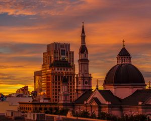 Preview wallpaper temple, building, city, architecture, sunset