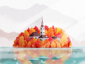 Preview wallpaper temple, building, island, trees, snow, art