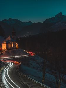 Preview wallpaper temple, building, road, long exposure, neon