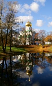 Preview wallpaper temple, church, shrine, dome, lake, autumn, st petersburg