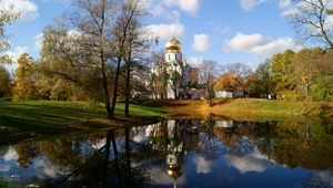 Preview wallpaper temple, church, shrine, dome, lake, autumn, st petersburg