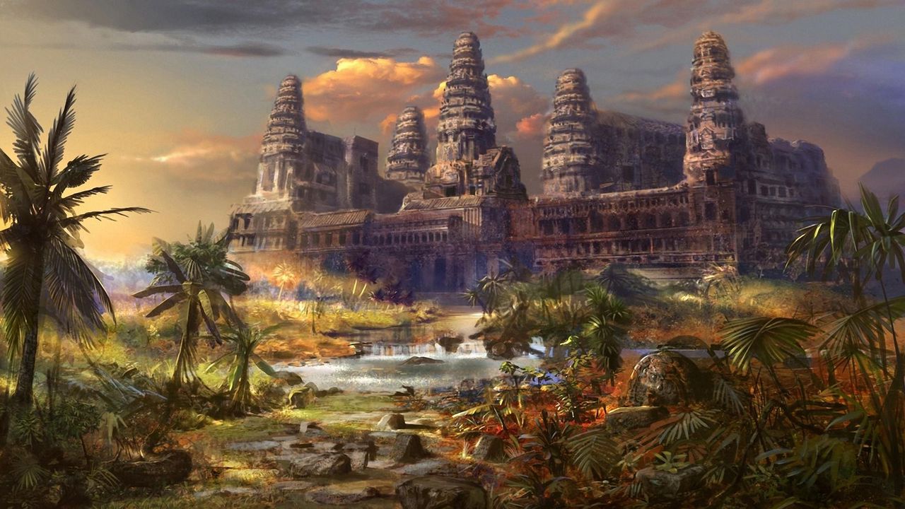 Wallpaper temple, destruction, palms, different world