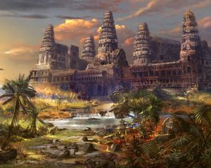 Preview wallpaper temple, destruction, palms, different world