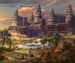 Preview wallpaper temple, destruction, palms, different world