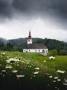 Preview wallpaper temple, field, flowers, grass, slovenia