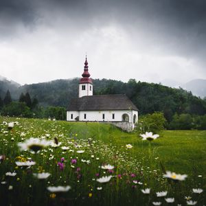 Preview wallpaper temple, field, flowers, grass, slovenia