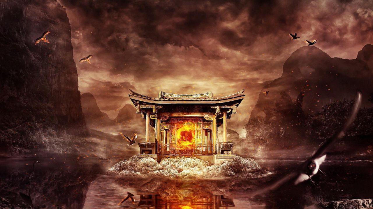 Wallpaper temple, fire, mountains, birds, flying, water
