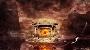 Preview wallpaper temple, fire, mountains, birds, flying, water