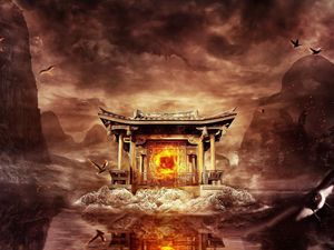 Preview wallpaper temple, fire, mountains, birds, flying, water