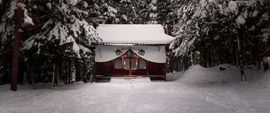 Preview wallpaper temple, forest, snow, winter, nature