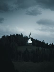 Preview wallpaper temple, forest, trees, overcast, clouds